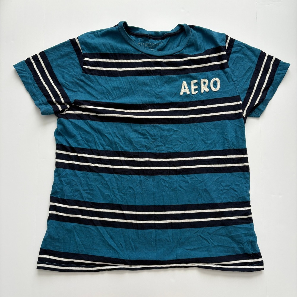 Aeropostale Men XL Blue Navy Striped AERO Logo T Shirt 2010s